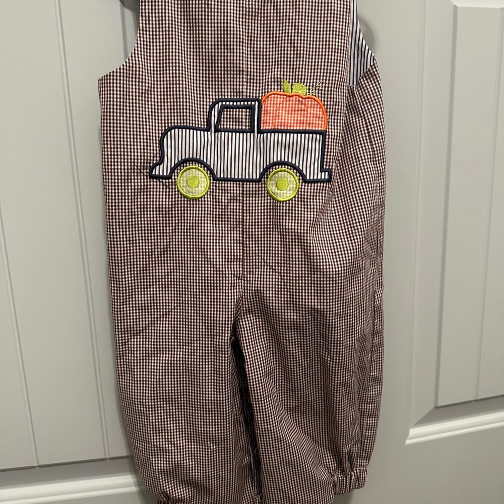Brown Checkered Overalls with Truck & football Design (reversible)